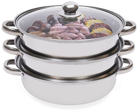 MEHOOSPVN 3 Tiers Steamer For Cooking, Stainless Steel 28cm Inner Diameter Steamer, Compatible with Gas Stove, Furnace, Induction, Electric Halogen, Hot Pot, with Vented Glass Lid,Cookware