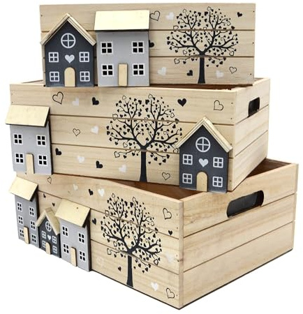 UNUS Holzkisten 3er Set, Holzdeko im Landhausstil, 26 x 16 x 10 cm, Aufbewahrungsbox Holz, Dekokisten als Geschenk, Dekoration für Balkon oder Innenbereich