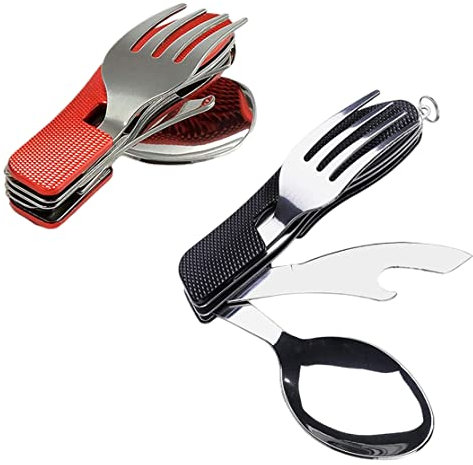Jeorywoet Stainless Folding Cutlery Detachable 4 in 1 Tableware Camping Outdoor Flatware Set for Travel 2PCS, Stainless Folding Cutlery