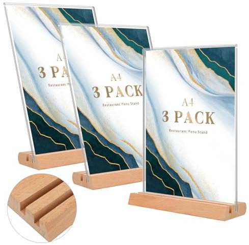 Joollurm Espositore A4 con base in legno acrilico per menù, a forma di L e a T, doppio uso, per poster, ufficio, negozio, ristorante, 3 pezzi