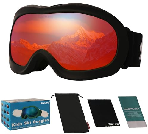 OUTDOORSPARTA Kids Ski Goggles, Kids Snowboarding Goggles for Boys Girls Toddler Age 3-14 with 100% UV Protection (7. Black Frame, Full Lens Mirrored Red)