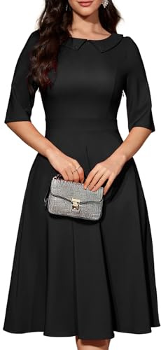 Bbonlinedress Vestido de cóctel vintage para mujer, formal, otoño, boda, iglesia, manga larga, cuello Peter Pan, vestido midi, Negro, M