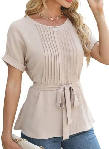 AGYMNX Women Blouse Elegant Short Sleeve Tops Spring Summer Ladies Round Neck Wrap Shirt Ruffle Waist Shirt Casual T-Shirt Almond M