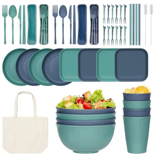 WUSUPU Juego de Vajilla de 55 Piezas para 4 Personas,Vajilla de Plástico, Reutilizado Vajilla Irrompible,Cuencos y Platos para Cena, Picnic, Camping, Barbacoa