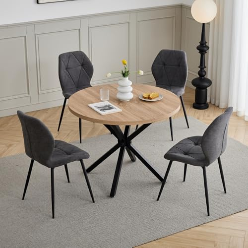 GrandCA HOME Juego de Mesa y Sillas de Comedor, Mesa de Comedor Redonda de 100 CM y 4 Sillas Modernas de Lino, para Comedor, Cocina, Sala de Estar (Claro + Gris Oscuro)