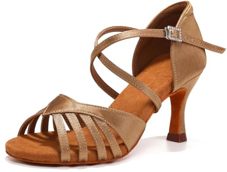 YCALCP Scarpe da Ballo Latino Donna Raso Professionali Pratica Scarpe da Danza da Sala Salsa Tacco 7 cm, 956DB, Beige, 37 EU