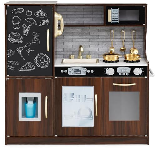 COSTWAY Kinderküche mit 10 Spielzubehör, Spielküche Kinder mit Tafel, Spielzeugküche mit Mikrowelle & Eismaschine & Geschirrspüler & Backofen, Holzküche für Kinder ab 3 Jahre (Braun)