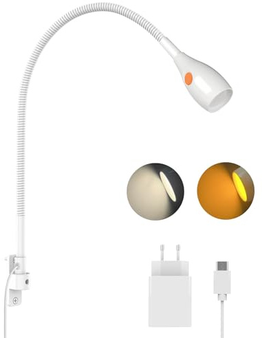 acegoo LED-läslampa vid sängen metall, dimbara 3000K/bärnsten flexibel svanhals vägglampa armsänglampa, boklampa roterbart lamphuvud Vit (1 pack)