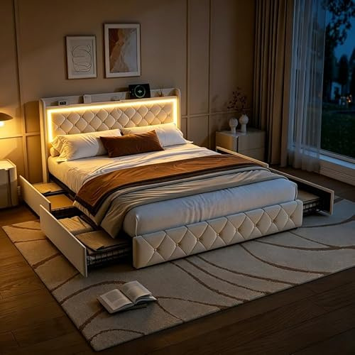 QMTXBYJ Lit Double 160x200, Cadre de Lits avec 4 tiroirs et sommier à Lattes, Lits rembourré 160x200, Tête de lit LED avec Compartiment de Rangement et 2 USB, Lit 2 Personnes pour Adolescents