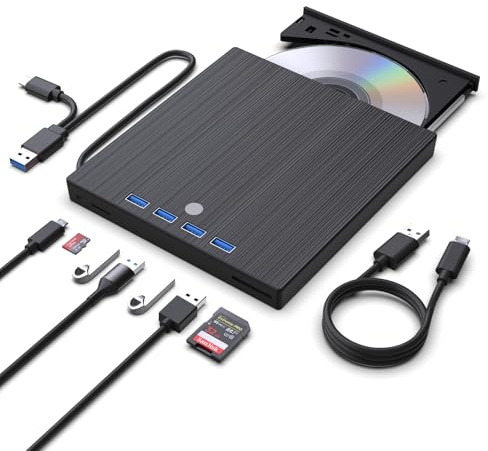 JKNJX Unidad externa de CD y DVD, reproductor de CD 9 en 1 USB 3.0 y tipo C con 4 puertos USB y 2 ranuras para tarjetas TF/SD, controlador de disco óptico ultra delgado para laptop, Mac, PC, Windows
