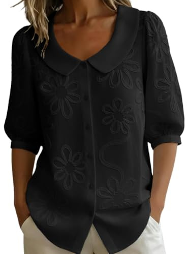 shownicer Camicia Donna Estiva Elegante Blusa in Cotone e Lino con Colletto a Mezza Manica a Sbuffo Polsino Abbottonato Camicetta A Nero XL