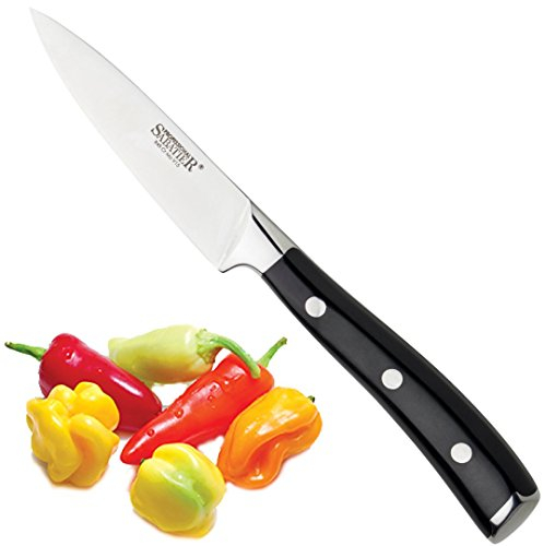 Professional Sabatier Kitchen Paring Knife - 3in/8cm Full Tang Blade Forged from Chrome-Molybdenum-Vanadium Stainless Steel. Chic Carbon Black Triple Rivet Handle. 25-Year Guarantee. Dishwasher Safe.
