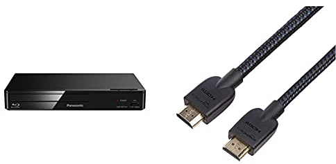 Panasonic DMP-BDT167EG Kompakter 3D Blu-ray Player (Full HD Upscaling, Internet Apps, LAN-Anschluss, USB, MKV-Playback) schwarz & Amazon Basics - Geflochtenes HDMI-Kabel, 0,9 m