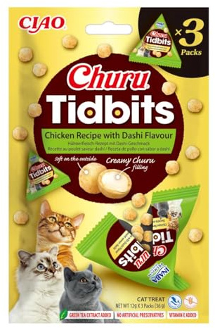 INABA Churu Tidbits Katzenbonbons mit hochwertigen Inhaltsstoffen, reich an Feuchtigkeit und Eiweiß, kalorienarm, ohne Getreide oder Zucker 36g