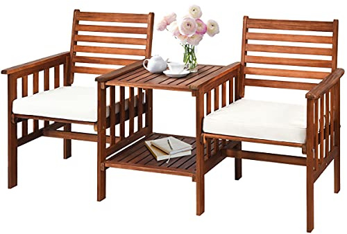 GOPLUS Trädgårdsbänk med bord, träbänk med paraplyhål och sittdyna, sittbänk utomhus 2-sits, akaciaträ, sittgrupp trädgård balkong terrass park, 165 × 65 × 88 cm, rödbrun