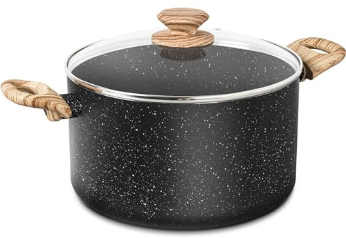 MICHELANGELO Stock Pot with Lid, 24cm/6L Soup Pot Nonstick, Cooking Pot with Lid, Induction Pot for Cooking, Non Stick Pot for Kitchen, Black Granite Pot