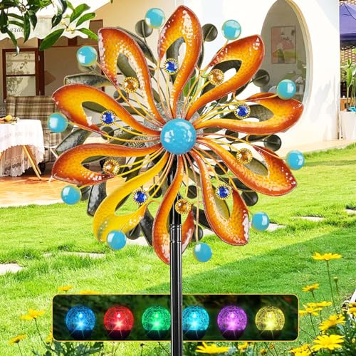 MLKNK Wind Spinners for Yard and Garden - Wind Sculptures & Spinners 75 in Garden Kinetic Art with Solar Powered Multi-Color Glass Ball Light - Gradient Brown