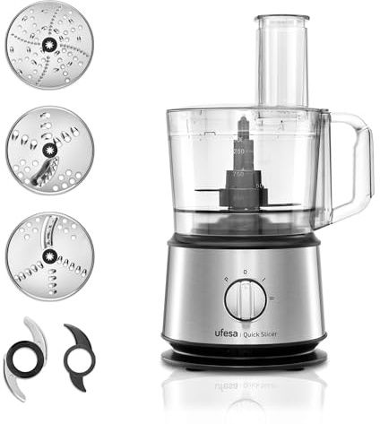 Ufesa Quick Slicer Procesador de Alimentos Multifunción 10 en 1, 1200W, 1.5L de Capacidad, Cuerpo Inox, x3 Discos Doble Cara, x1 Cuchilla Cortadora, x1 Cuchilla Mezcladora