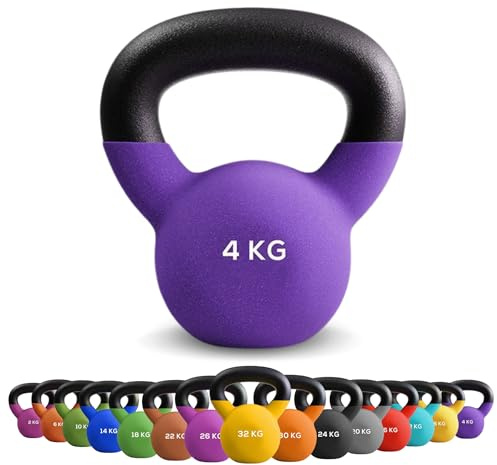 Kettlebell 4 kg in Ghisa Rivestita in Neoprene - Pesi per Braccia ed Esercizi Funzionali per Allenamento a Casa - Fitness Attrezzi Casa – Kettlebell Oscillante Antiscivolo - Peso per Squat e Swing