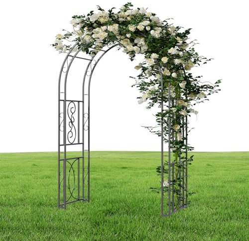 UNHO Metal Garden Arch, Heavy Duty Iron Rose Arbour with Ground Stakes, Powder-Coated Rust-Resistant Garden Archway for Climbing Plants, Wedding & Outdoor Decoration, 215 x 134 x 59 cm