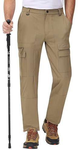 MoFiz Outdoorhose Herren Leichte Trekking Wanderhose Schnelltrocknende Wasserabweisende Cargo Hosen Atmungsaktiv Funktionshose mit 7 Taschen Khaki EU L (US M)