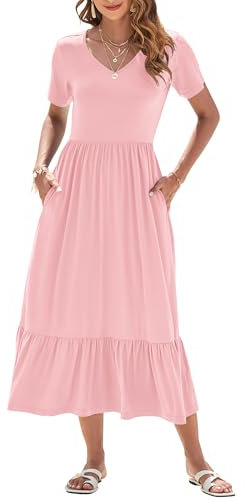 AUSELILY Sommerkleid Damen Lang Kurzarmkleid Maxikleid Damen Sommer V Ausschnitt Empire Taillen Strandkleider mit Taschen Rosa S