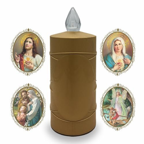 AROBA Candela funerale a LED, effetto tremolante come una vera candela, lunga durata fino a 120 giorni, riutilizzabile per cimitero, colore oro, con selezione di santi