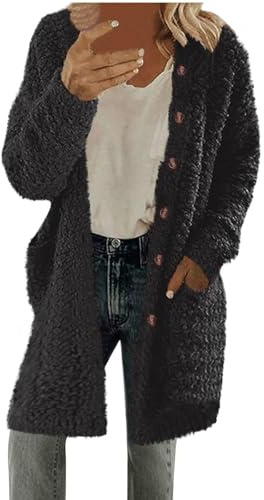 Cappotti invernali in pile da donna 2024 cardigan finto a maniche lunghe aperto sul davanti giacche sfocate con tasche abito in maglia grossa, Nero , XXL
