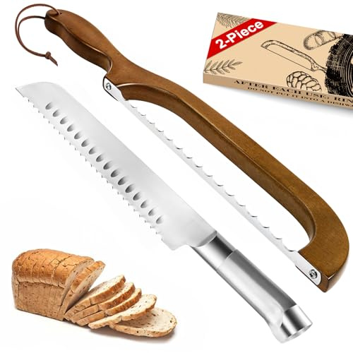 SeLucky 2 Pack Sourdough Bread Knife for Homemade Bread, Serrated Bread Cutter Ergo-Safe Engineering Anti-Stick Bread Bow Knife for Sourdough, Baguettes, Cakes