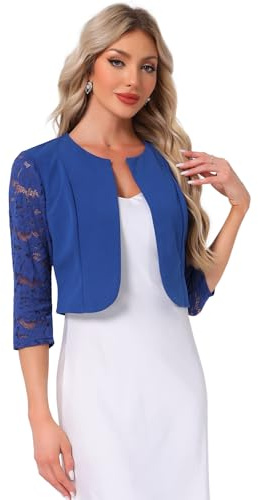 Allegra K Dam festlig spets bolero 3/4 ärm rund hals transparent snygg jacka, Kungsblå, S