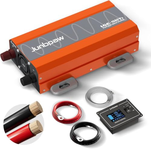 Junbpaw 1080W Pure Sine Wave Power Inverter 12V to 230/240V | 3000W Peak, up to 93% Efficiency, 42dB Quiet Cooling, 10-Year Service Life, LCD Remote – for Motorhome, Caravan & Off-Grid