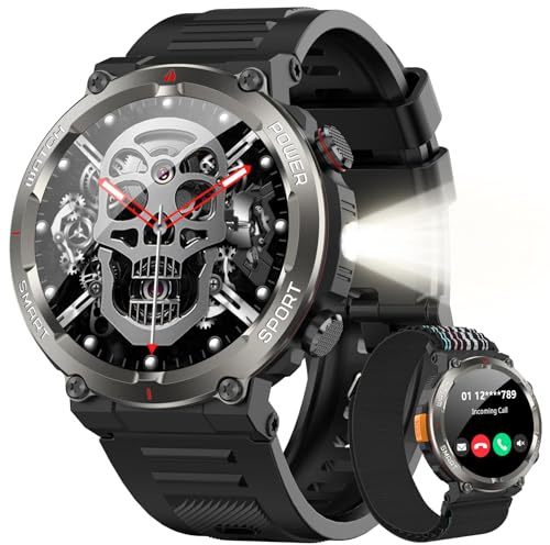 IOWODO Military Smart Watch for Men -100-Day Long Battery Life,Fitness Tracker with LED Flashlight/Compass,Heart Rate Monitor,120+ Sports Modes,IP68 Waterproof,Bluetooth Call Smartwatch for iOSAndroid