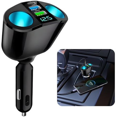 Double Prise Allume-Cigare 12V/24V 120W Multiprise Répartiteur Chargeur Voiture QC3.0/PD/2.4A Chargeur Voiture Rapide avec Voltmètre LED pour Téléphone, Tablette, Caméra, GPS