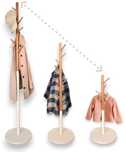 Lamavia Garderobenständer, Kleiderständer, höhenverstellbar für Kinder und Erwachsene, aus Massivholz und Metall 8 Haken - Garderobe - Kleiderstange - Organizer - Handtuchhalter (Beige)