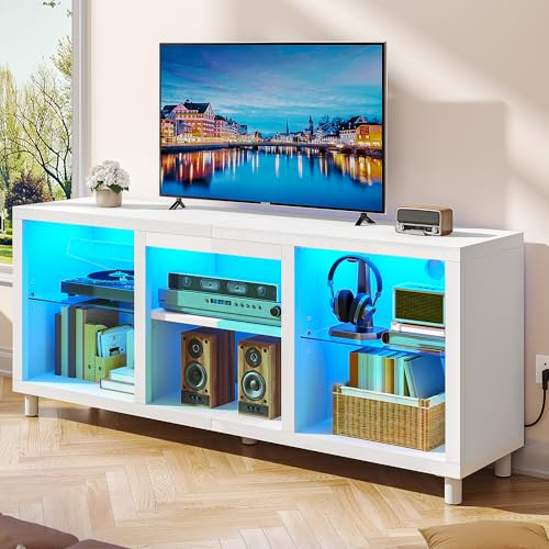 YITAHOME 148 CM TV Unit, LED TV Stand Cabinet for 55/60 / 65 Inch TVs with RGB Lights, Open Adjustable Glass Shelf, TV Cabinets Gaming Entertainment Center Modern for Living Room Bedroom, White