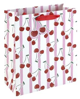 Eurowrap Cherry Stripe Medium Gift Bag – Red Cherry Present Bag with Pink & White Stripes, Spot UV Finish & Ribbon Handles – Gift Bag for Girls, Women, Birthday, Mother’s Day & Valentine’s Day