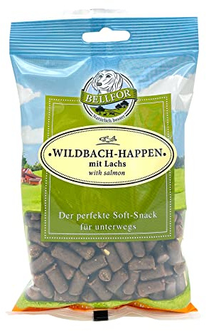 Bellfor Wildbach-Happen - Snack Morbidi per Cani con Salmone. Snack Senza Cereali, con Frutta e Verdura, Facili da Digerire. Biscotti ideali per Addestramento e Ricompensa - 200 g