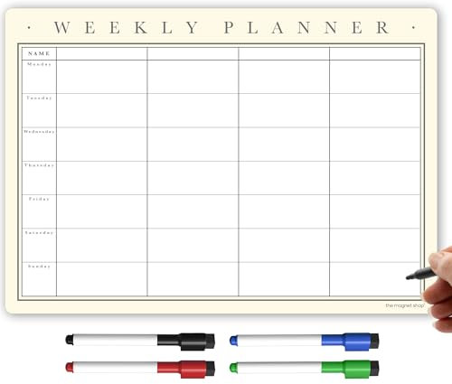 The Magnet Shop A3 Magnetic Weekly Planner and Organiser – Fully Customisable Whiteboard for Family or Business Tasks and Meal Planning - with 4 Free Magnetic Dry Wipe Pen (Classic Cream, A3)