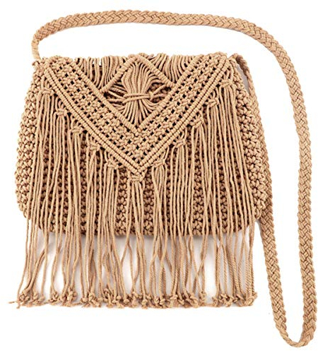 MEGAUK Umhängetasche mit Fransen Damen Schultertasche Fransentasche Quasten Stroh gewebte Strandtasche für Frauen, Hellbraun