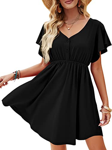 Beluring Women's Black Size 12-14 Casual Sexy V-Neck Ruffle Sleeve Fit and Flare Dress