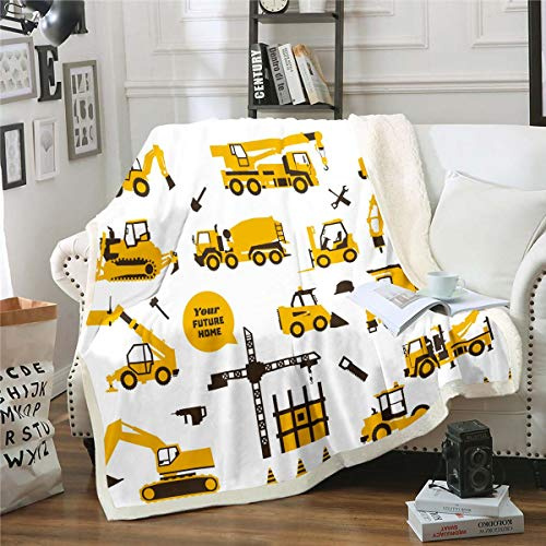 Coperta per Bambini Con Ruspa e Camion - Peluche Calda Fuzzy per Camera a Tema Auto, Giallo, 130 x 150 cm