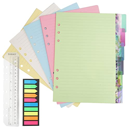 A5 Nachfüllbare Notizpapier Set, A5 Papier 6 Loch, 50 Blätter A5 Papier Nachfüllpapier Liniert, 6 Stücke Trennblätter A5, 200 Stücke Sticky Tabs Farbige, 20cm Lineal, a5 Ringbuch Nachfüllpapier