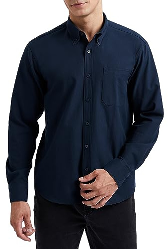 HISDERN Mens Navy Blue Oxford Shirt Long Sleeve Casual Button Down Dress Shirts for Formal Business L