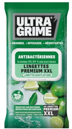 UltraGrime Lingettes Antibactériennes - Pack de 40 Épaisses et Larges pour Nettoyage Polyvalent et Mains