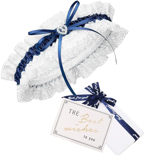 HEYOMI Liga de boda con cinta en azul decorada con pieza, lazo y corazón noble hecho de brillo, regalo de ligas de novia, hecho a mano