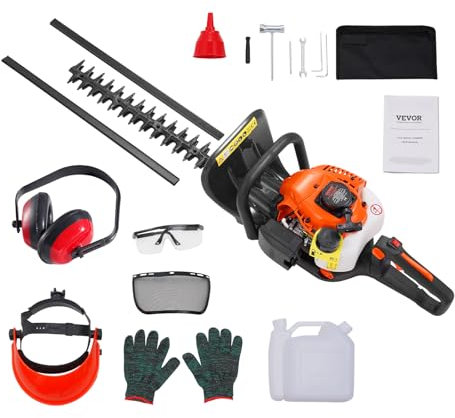 VEVOR 0,54 L 26 CC 2-Takt-Benzin-Heckenschere, Heckentrimmer mit doppelseitiger Dual-Action-Klinge, 180° Verstellbarer Trimmerkopf, geeignet zum Trimmen von Sträuchern und niedrigen Büschen