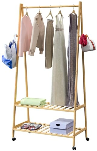 CASARIA® Perchero de Pie Ruedas 2 Estantes Burro Ropa Robusto 4 Ganchos Madera Bambú 155x70cm Dormitorio Pasillo Organizador Colgador Moderno Natural