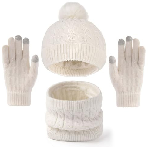 BESTORI 3 en 1 Ensemble de Bonnet Pompon Echarpe Doublure Polaire Gants d’écran tactile Hiver pour Garçons Filles de 4 à 10 Ans, Crème