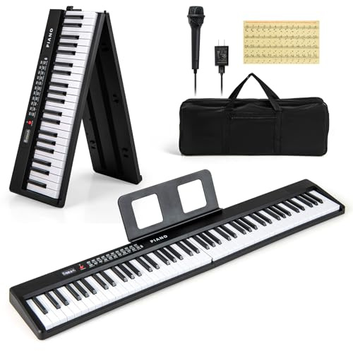 KOMFOTTEU 88 tangenter hopfällbart digitalt piano, MIDI pianotangentbord, dubbla högtalare, 1 000 klockor och rytmer, halvtungt elektroniskt tangentbord med stativ, mikrofon, bärväska (svart)