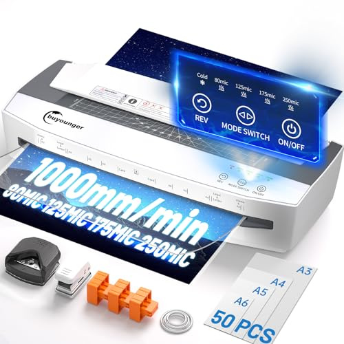 Buyounger 4-Roller A3 Laminator, 11 in 1 Cold &Thermal Heavy Duty Laminator | 80–250 Mic, Smart Jam Prevention, 60s Warm-up, Auto Shut-Off, LCD Touch Panel, 50 Laminating Sheets, for Office, School, Home